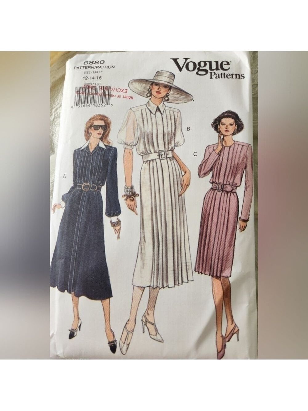 Vogue 8880 Sewing Pattern, Misses' Dress, Size 12-14-16